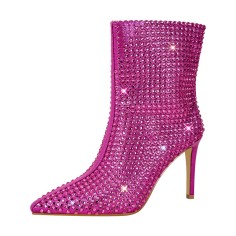 Pointed Toe Stiletto Heels Rhinestones Ankle Highs Boots - Fuchsia