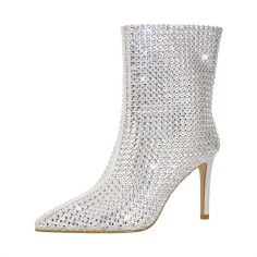 Pointed Toe Stiletto Heels Rhinestones Ankle Highs Boots - White