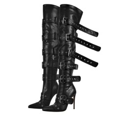 Pointed Toe Stiletto Heels Belt Buckle Straps Over The Knees Punk Boots - Black Faux Leather