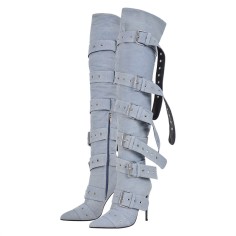Pointed Toe Stiletto Heels Belt Buckle Straps Over The Knees Punk Boots - Light Blue Denim