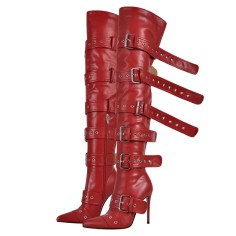 Pointed Toe Stiletto Heels Belt Buckle Straps Over The Knees Punk Boots - Red Faux Leather