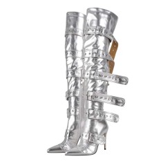 Pointed Toe Stiletto Heels Belt Buckle Straps Over The Knees Punk Boots - Silver Faux Leather