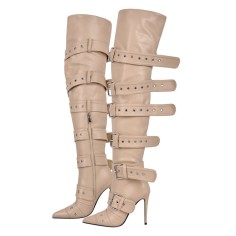 Pointed Toe Stiletto Heels Belt Buckle Straps Over The Knees Punk Boots - Tan Faux Leather