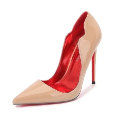 Pointed Toe Stiletto Heels Patent Shallow V Cut Pumps - Apricot
