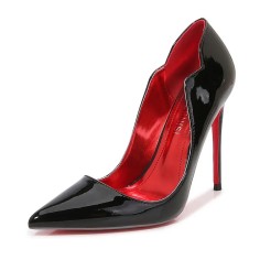 Pointed Toe Stiletto Heels Patent Shallow V Cut Pumps - Black
