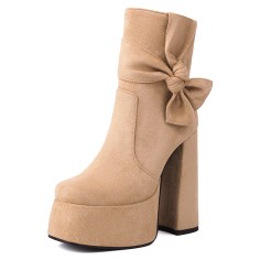 Round Toe Chunky Heels Ankle High Platforms Tie Decorated Zipper Booties - Apricot