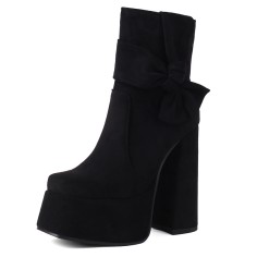 Round Toe Chunky Heels Ankle High Platforms Tie Decorated Zipper Booties - Black