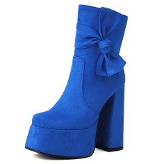 Round Toe Chunky Heels Ankle High Platforms Tie Decorated Zipper Booties - Blue