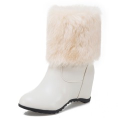 Round Toe Side Zipper Ankle High Faux Fur Winter Snow Wedges Boots - Beige