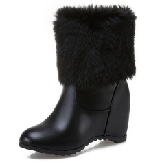 Round Toe Side Zipper Ankle High Faux Fur Winter Snow Wedges Boots - Black