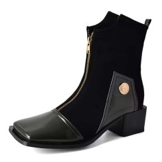 Square Toe Block Heels Zipper Vintage Style Ankle Highs Boots - Black Flock & Patent