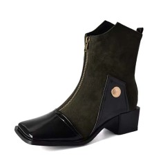 Square Toe Block Heels Zipper Vintage Style Ankle Highs Boots - Army Green Flock & Patent