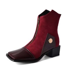Square Toe Block Heels Zipper Vintage Style Ankle Highs Boots - Red Flock & Patent