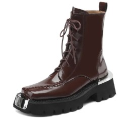 Square Toe Chunky Heels Metal Decorated Zipper Lace Up Ankle High Boots - Brown