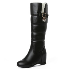Round Toe Side Zipper Knee Highs Faux Fur Winter Snow Wedges Boots - Black
