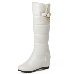 Round Toe Side Zipper Knee Highs Faux Fur Winter Snow Wedges Boots - White