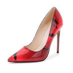 Pointed Toe Tiger Stripes Stiletto Heels Pumps - Red Patent