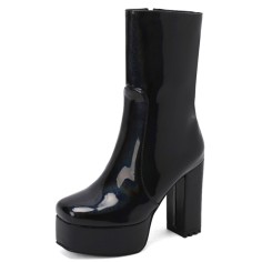 Square Toe Chunky Low Heels Ankle Highs Side Zipper Platforms Patent Boots - Black
