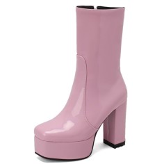 Square Toe Chunky Low Heels Ankle Highs Side Zipper Platforms Patent Boots - Pink