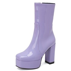 Square Toe Chunky Low Heels Ankle Highs Side Zipper Platforms Patent Boots - Purple