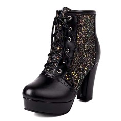 Round Toe Lace Up Chunky Cuban Heels Low Platforms Glitters Ankle Highs Boots - Black Faux Leather