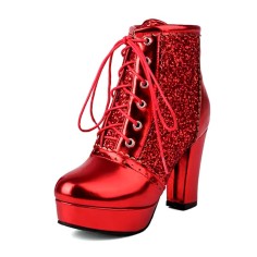 Round Toe Lace Up Chunky Cuban Heels Low Platforms Glitters Ankle Highs Boots - Red Faux Leather