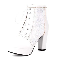 Round Toe Lace Up Chunky Cuban Heels Low Platforms Glitters Ankle Highs Boots - White Faux Leather