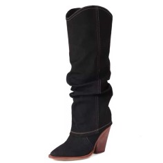 Pointed Toe Turned-Over Edge Half Wedges Chunky Heels Knee Highs Boots - Black Denim