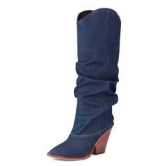 Pointed Toe Turned-Over Edge Half Wedges Chunky Heels Knee Highs Boots - Dark Blue Denim