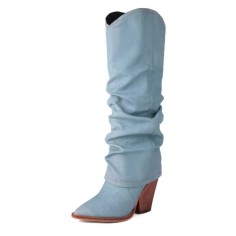 Pointed Toe Turned-Over Edge Half Wedges Chunky Heels Knee Highs Boots - Light Blue Denim