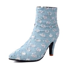 Pointed Toe Stiletto Heels Ankle Highs Zipper Sexy Booties - SkyBlue Denim