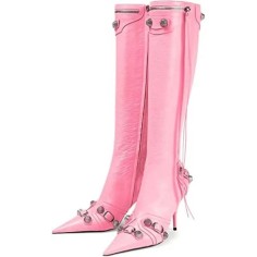 Pointed Toe Stiletto Heels Vintage Gothic Metal Buckle Zipper Knee High Boots - Pink Faux Leather