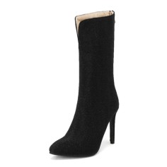 Pointed Toe Stiletto Heels Knee Highs Back Zipper Cotton Fabric Shiny Boots - Black