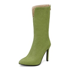 Pointed Toe Stiletto Heels Knee Highs Back Zipper Cotton Fabric Shiny Boots - Green