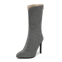 Pointed Toe Stiletto Heels Knee Highs Back Zipper Cotton Fabric Shiny Boots - Silver Gray