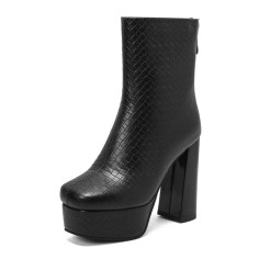 Round Toe Chunky Heels Platforms Ankle Highs Back Zipper Crocodile Pattern Boots - Black