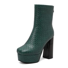 Round Toe Chunky Heels Platforms Ankle Highs Back Zipper Crocodile Pattern Boots - Green