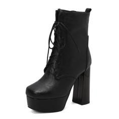 Round Toe Chunky Heels Platforms Ankle Highs Side Zipper Vintage Boots - Black