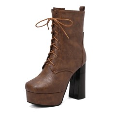 Round Toe Chunky Heels Platforms Ankle Highs Side Zipper Vintage Boots - Brown