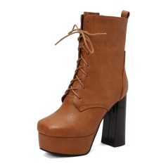 Round Toe Chunky Heels Platforms Ankle Highs Side Zipper Vintage Boots - Yellow