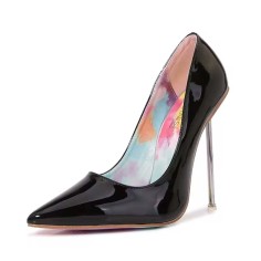 Pointed Toe Metal Stiletto Heels Classic Pumps - Black Patent