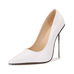 Pointed Toe Metal Stiletto Heels Classic Pumps - White Patent