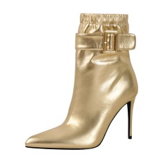 Pointed Toe Stiletto Heels Ankle Highs Side Zipper Buckle Straps Boots - Gold