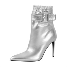 Pointed Toe Stiletto Heels Ankle Highs Side Zipper Buckle Straps Boots - Silver