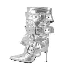 Pointed Toe Stiletto Heels Belt Buckle Straps Ankle Highs Punk Boots - Silver