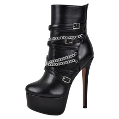 Round Toe Stiletto Heels Chain with Buckle Straps Punk Side Zipper Ankle Highs Platforms Booties - Black