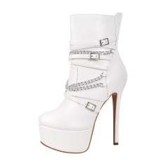 Round Toe Stiletto Heels Chain with Buckle Straps Punk Side Zipper Ankle Highs Platforms Booties - White