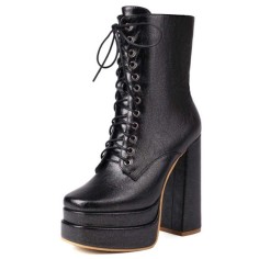 Round Toe Lace Up Side Zipper Ankle Highs Chunky Heels Metallic Platforms Boots - Black