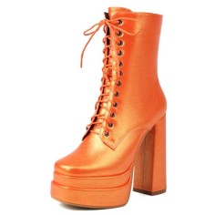 Round Toe Lace Up Side Zipper Ankle Highs Chunky Heels Metallic Platforms Boots - Orange