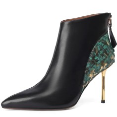 Pointed Toe Stiletto Heels Genuine Leather Back Zipper Ankle High Boots - Black